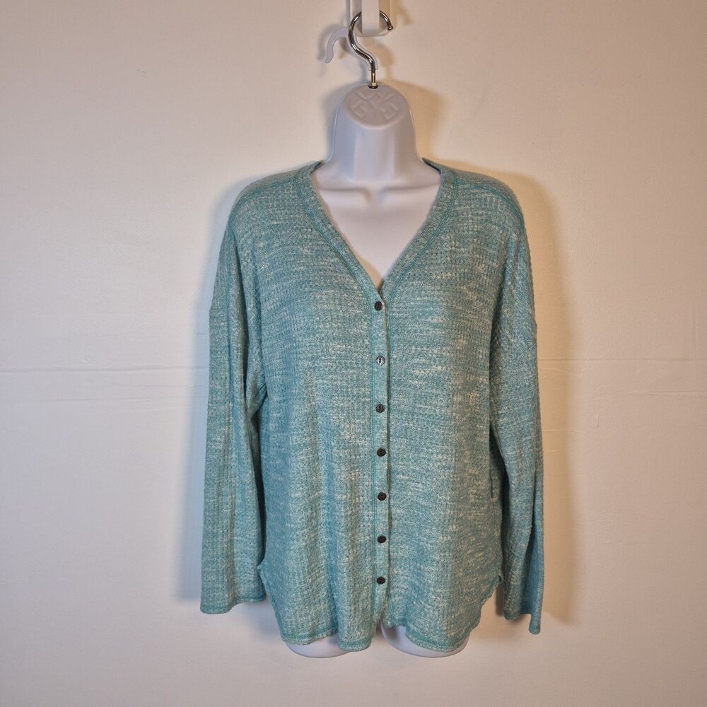 Sonoma Women's Waffle Knit Cardigan Size L Green Marled Button Up Sweater